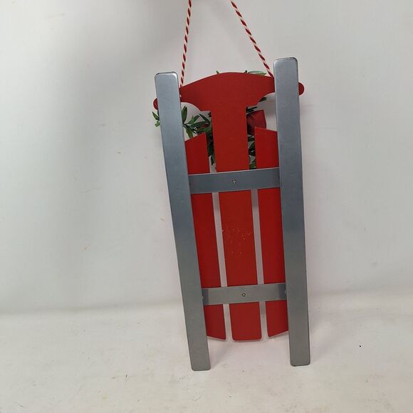 Christmas Sled Red Wood Holly Bell Wall Hanging Decoration Winter Holiday Decor - Picture 2 of 7